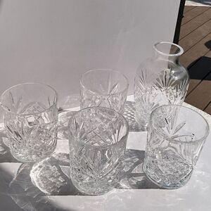 Vintage Cut Crystal Decanter & 4 Double Old Fashioned Rocks Glasses Bar Set
